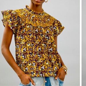 Anthropologie Gold & Purple Othilia Frederica Ruffled Crochet Lace Blouse, Sz S